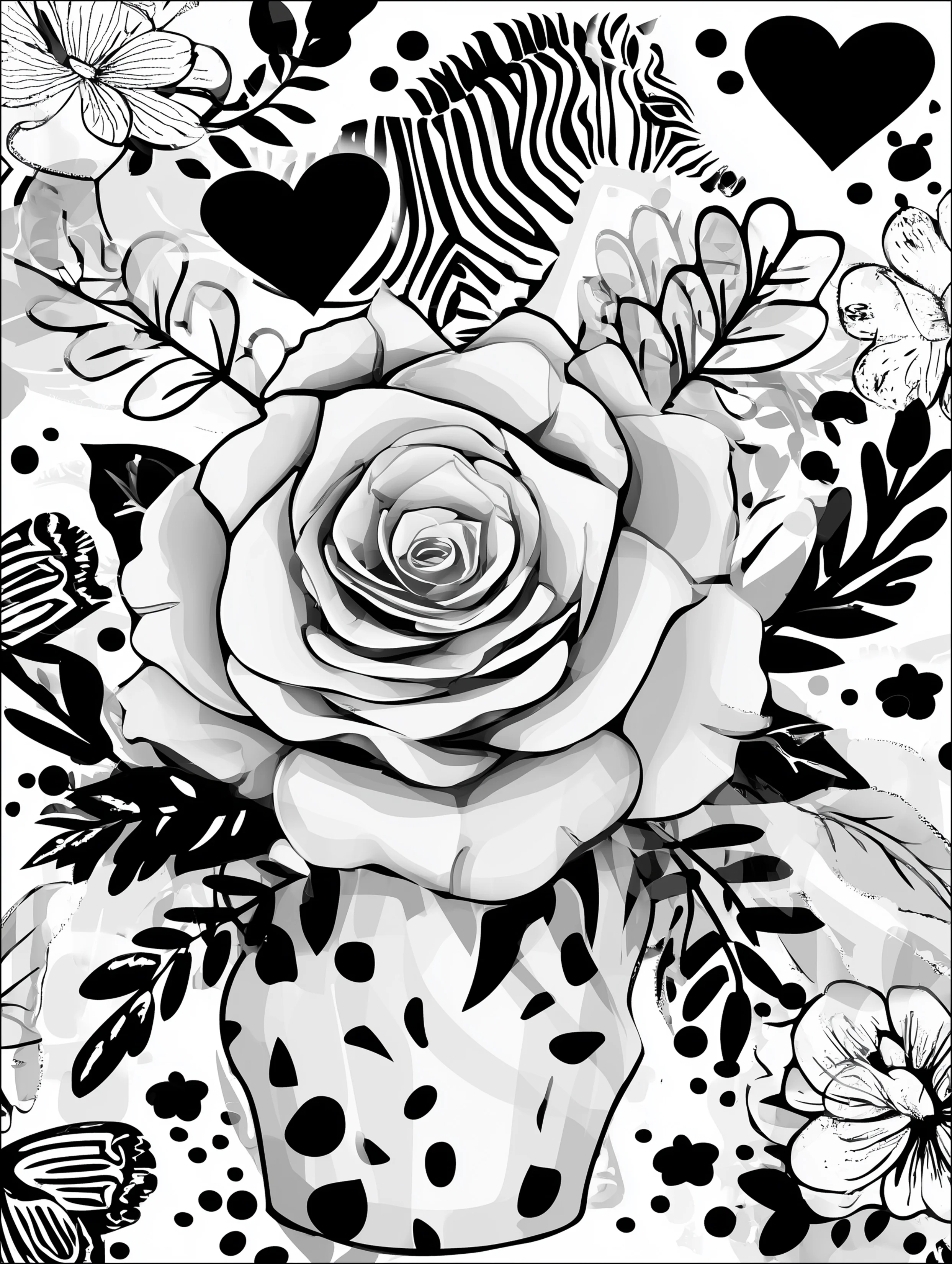 Free printable coloring pages floral featuring a floral vase with a zebra background